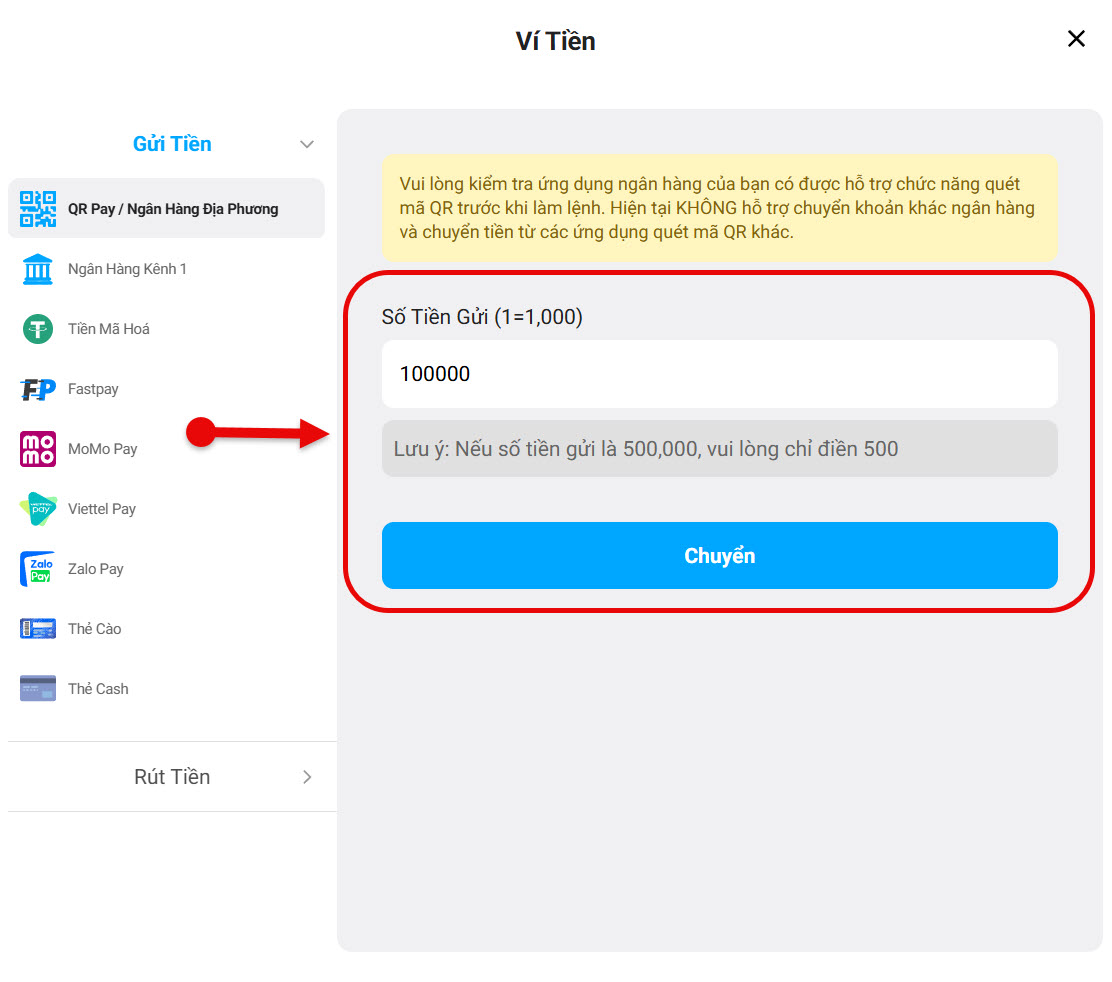 Bước 3: Nhập số tiền cần nạp vào buoc 3: nhap so tien can nap vao